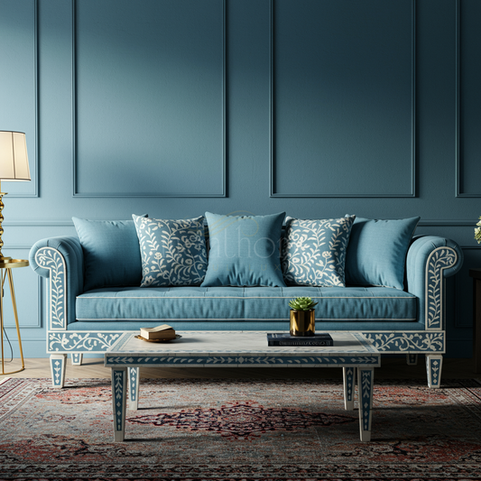 Elegant Blue Inlay Sofa with Floral Motif | Luxury Handmade Sofa