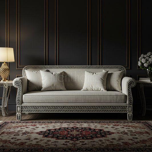 Elegant Inlay Accent Sofa with Detailed Handcrafted Frame | Luxury Handmade Sofa