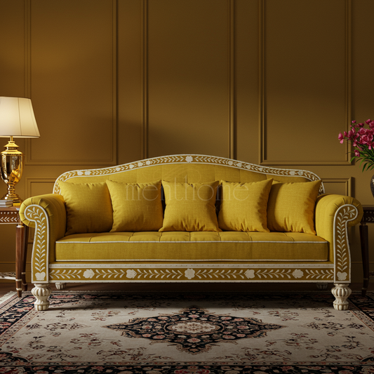 Elegant Yellow Inlay Sofa with Floral Detailing | Luxury Handmade Sofa