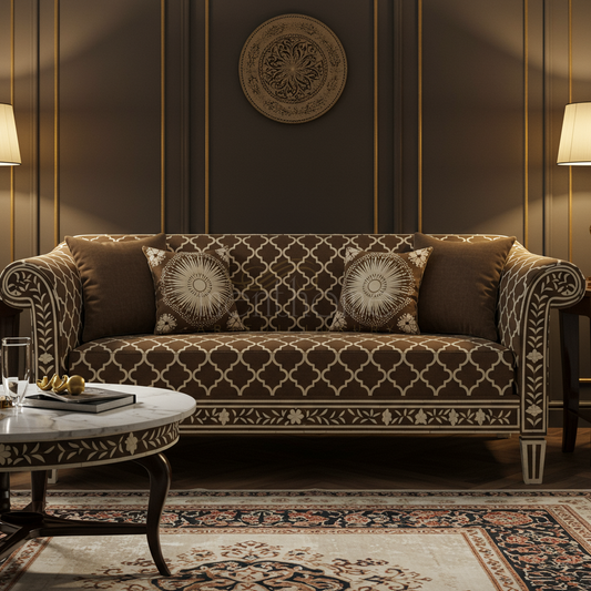 Elegant Brown Inlay Pattern Sofa | Luxury Handmade Sofa