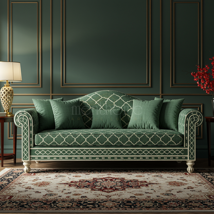 Elegant Green Inlay Sofa with Classic Motifs | Luxury Handmade Sofa