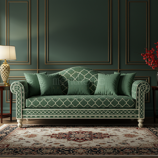 Elegant Green Inlay Sofa with Classic Motifs | Luxury Handmade Sofa