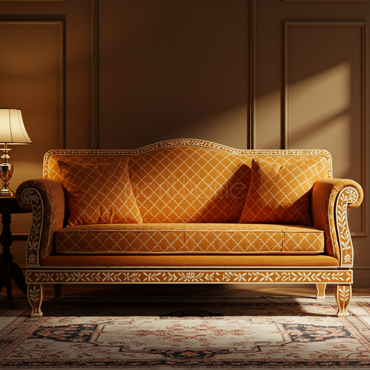 Elegant Inlay Carved Velvet Sofa | Luxury Handmade Sofa