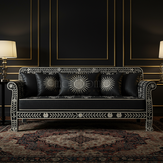 Elegant Black Inlay Sofa with Floral Motif | Luxury Handmade Sofa