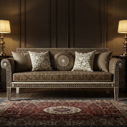 Elegant Inlay Carved Sofa with Floral Upholstery | Luxury Handmade Sofa