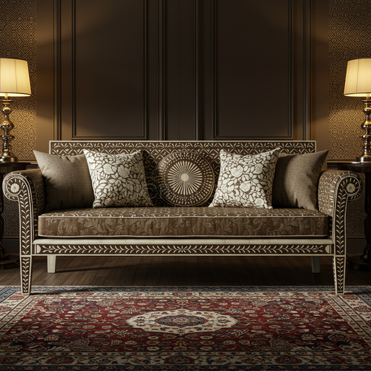 Elegant Inlay Carved Sofa with Floral Upholstery | Luxury Handmade Sofa