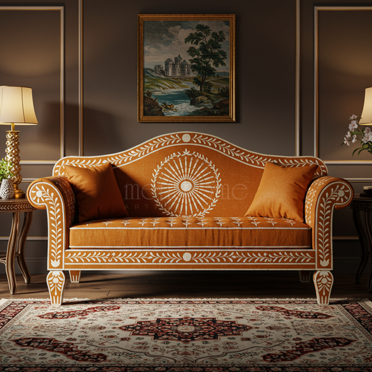 Handcrafted Inlay Orange Velvet Sofa | Luxury Handmade Sofa