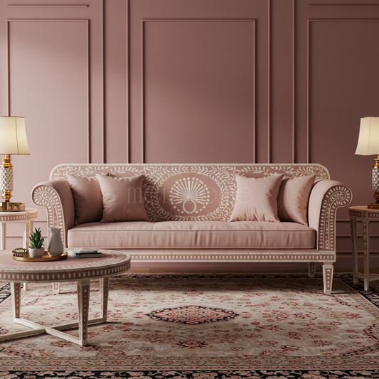 Elegant Pink Inlay Sofa with Classic Floral Motifs | Luxury Handmade Sofa