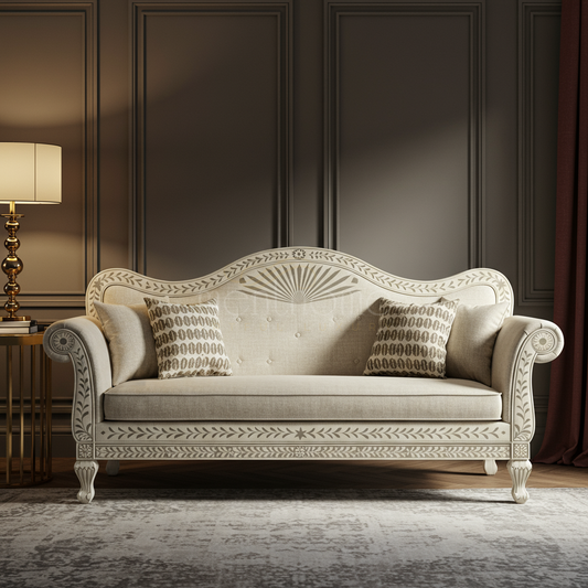 Elegant Inlay Carved Beige Fabric Sofa | Luxury Handmade Sofa