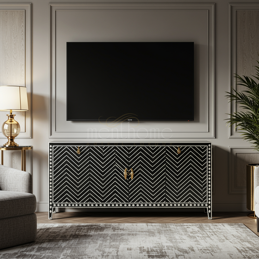 Luxury Inlay Black and White Chevron TV Cabinet | Luxury Handmade TV Cabinet