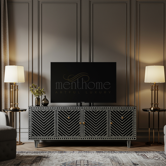 Inlay Black & White Chevron TV Cabinet | Luxury Handmade TV Cabinet