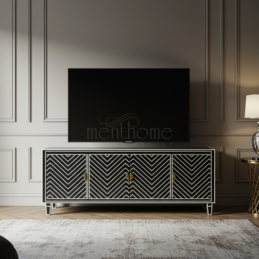 Inlay Chevron Pattern Luxury TV Cabinet | Luxury Handmade TV Cabinet