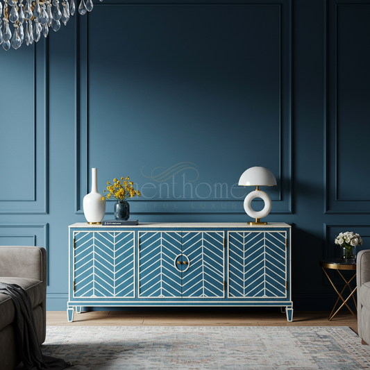 Luxury Inlay TV Cabinet with Geometric Chevron Design | Luxury Handmade TV Cabinet