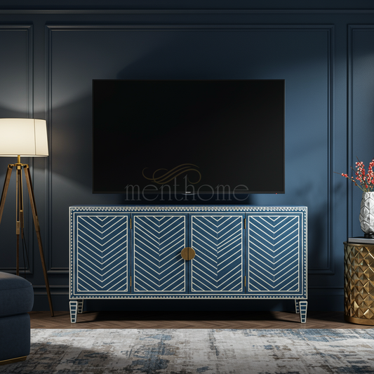 Elegant Blue Inlay TV Cabinet with Chevron Pattern | Luxury Handmade TV Cabinet