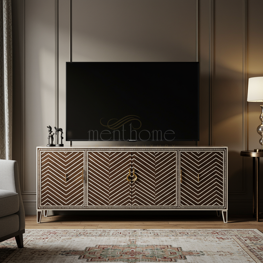 Luxury Inlay Chevron Pattern TV Cabinet | Luxury Handmade TV Cabinet