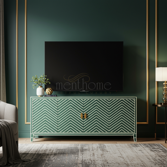 Inlay Chevron Pattern TV Cabinet | Luxury Handmade TV Cabinet