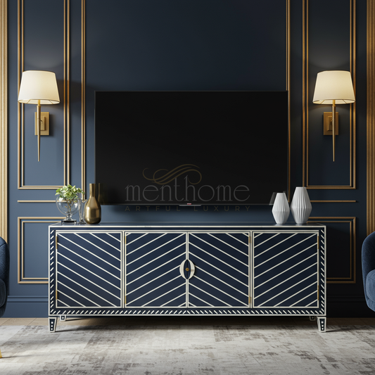 Luxury Inlay TV Cabinet with Geometric Design | Luxury Handmade TV Cabinet