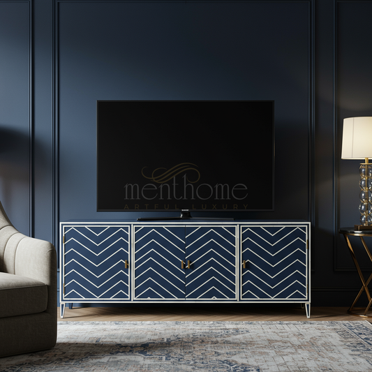 Inlay Chevron Pattern TV Cabinet in Navy Blue and White | Luxury Handmade TV Cabinet