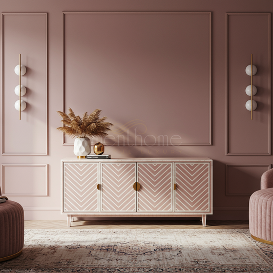 Elegant Inlay TV Cabinet with Geometric Chevron Design | Luxury Handmade TV Cabinet