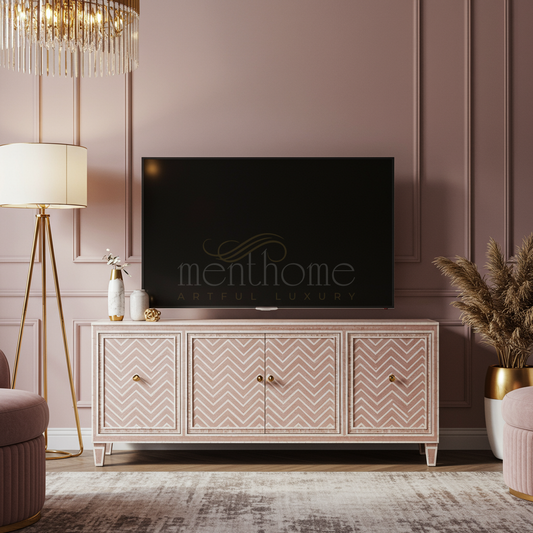 Elegant Inlay Chevron Pattern TV Cabinet | Luxury Handmade TV Cabinet