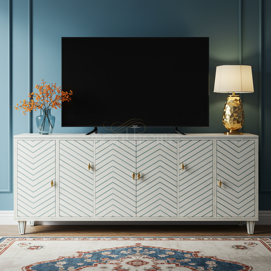 Elegant Chevron Inlay TV Cabinet | Luxury Handmade TV Cabinet