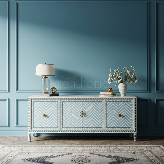 Luxury Inlay Blue Chevron TV Cabinet | Luxury Handmade TV Cabinet