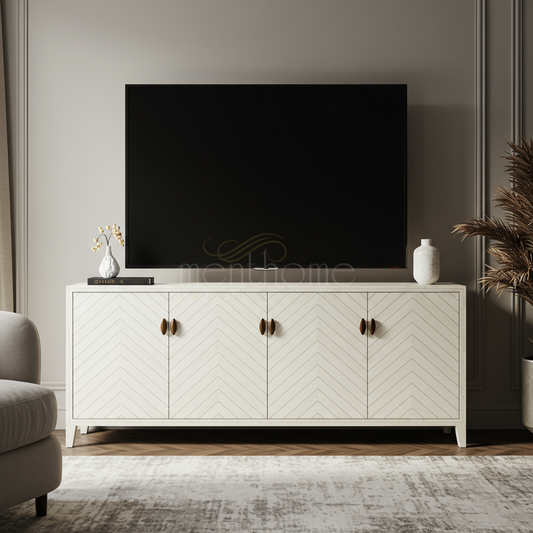 Elegant Inlay TV Cabinet with Chevron Pattern | Luxury Handmade TV Cabinet