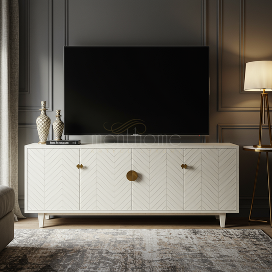 Elegant Inlay TV Cabinet with Chevron Pattern | Luxury Handmade TV Cabinet