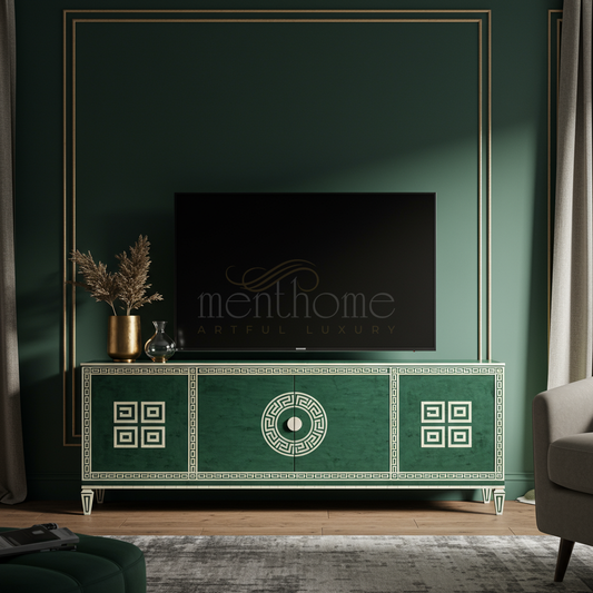 Luxury Inlay Green Velvet TV Cabinet | Luxury Handmade TV Cabinet