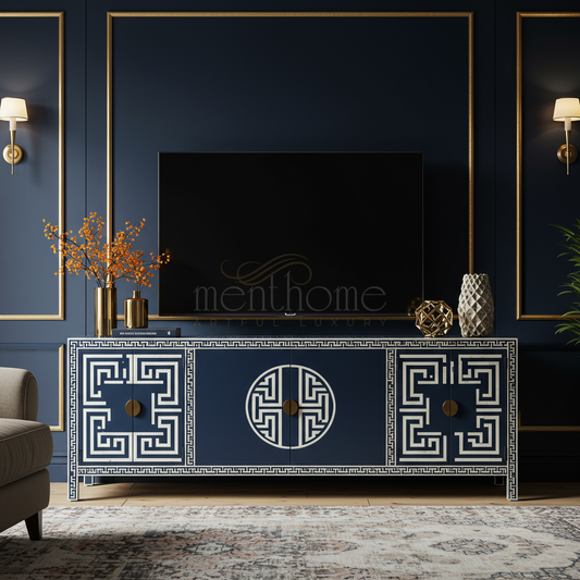 Luxury Inlay Greek Key Pattern TV Cabinet | Luxury Handmade TV Cabinet