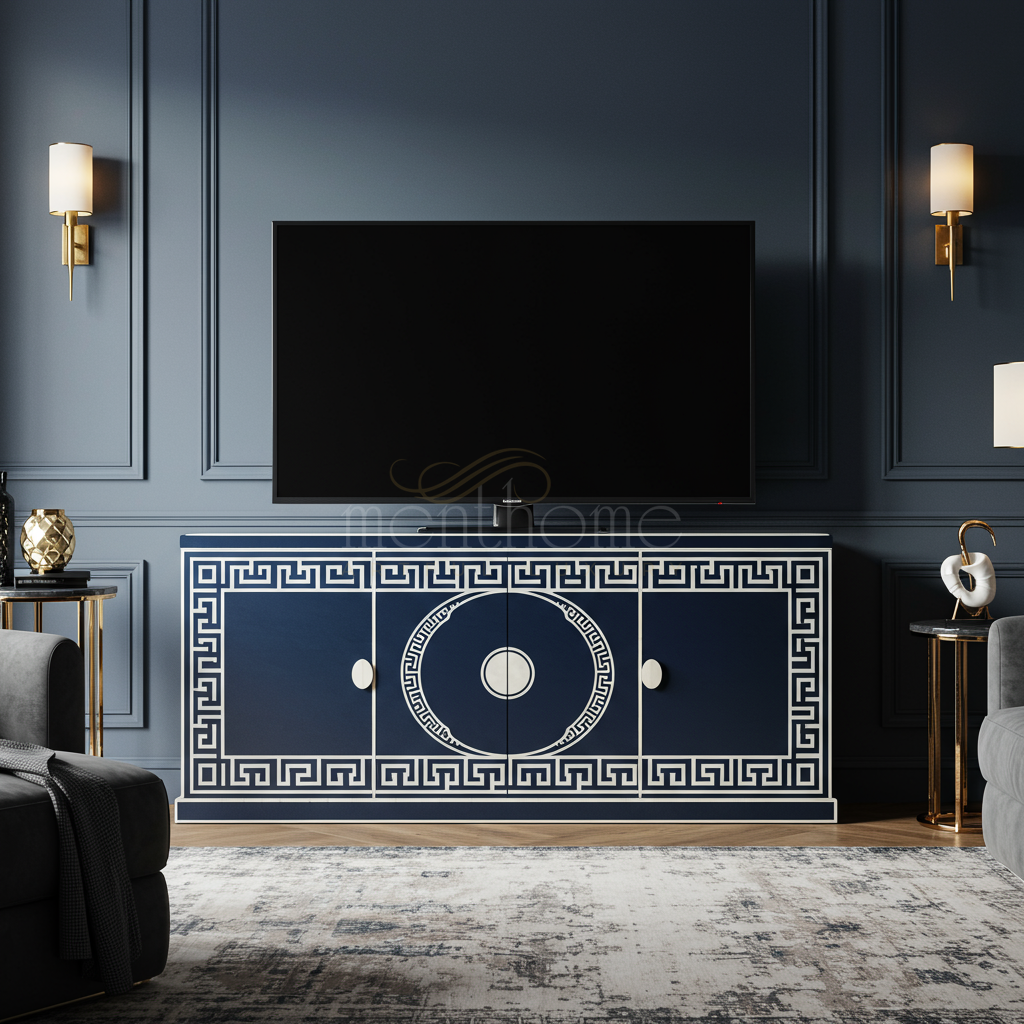Greek Key Inlay Inlay Blue Greek Key TV Cabinet | Luxury Handmade TV Cabinet – Menthome USA