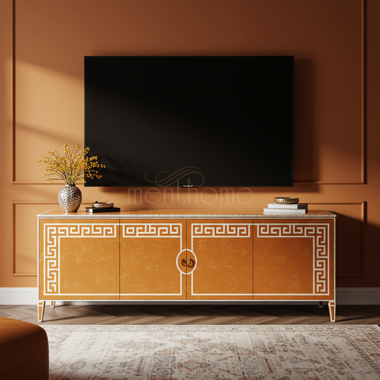 Inlay Greek Key Pattern TV Cabinet | Luxury Handmade TV Cabinet