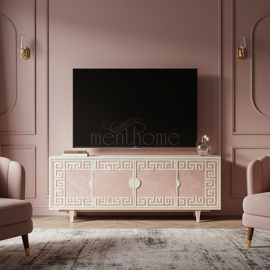 Elegant Inlay TV Cabinet with Greek Key Design | Luxury Handmade TV Cabinet