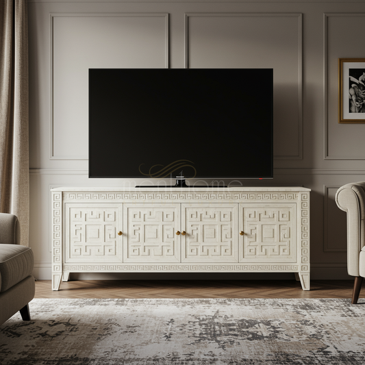 Elegant Inlay TV Cabinet with Geometric Detailing | Luxury Handmade TV Cabinet