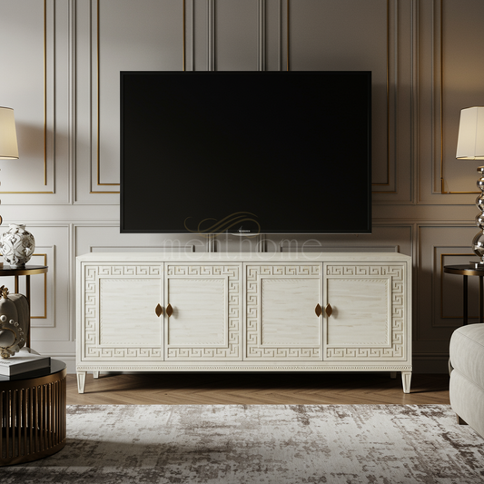 Elegant Inlay TV Cabinet with Classic Greek Key Design | Luxury Handmade TV Cabinet