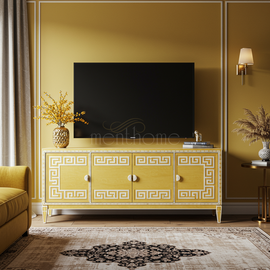 Greek Key Inlay Yellow TV Cabinet | Luxury Handmade TV Cabinet