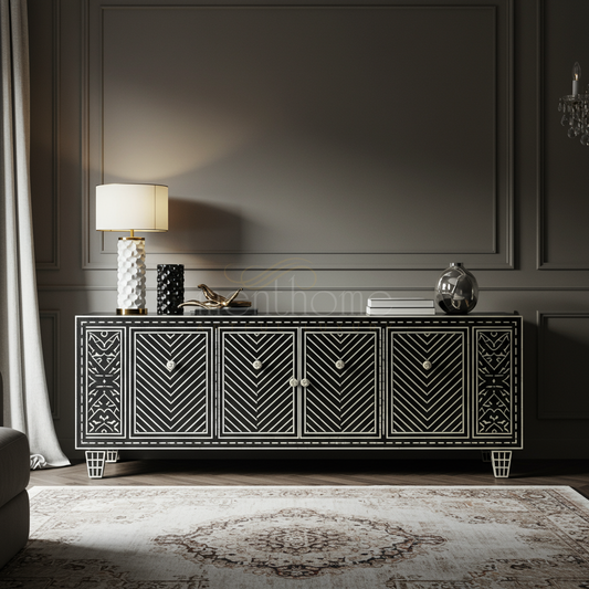 Luxury Inlay Black and White TV Cabinet | Luxury Handmade TV Cabinet