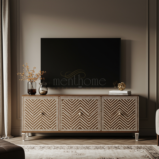 Luxury Inlay Wooden TV Cabinet with Geometric Pattern | Luxury Handmade TV Cabinet