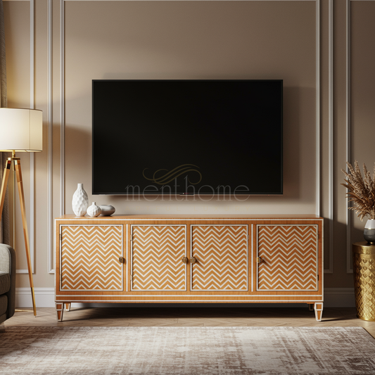 Inlay Chevron Pattern TV Cabinet | Luxury Handmade TV Cabinet