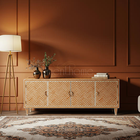Luxury Inlay TV Cabinet with Geometric Pattern | Luxury Handmade TV Cabinet