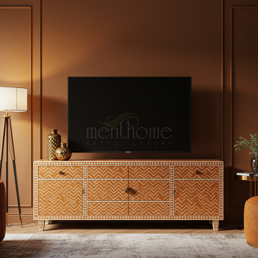 Artisanal Inlay Wood TV Cabinet with Geometric Pattern | Luxury Handmade TV Cabinet