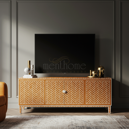 Inlay Herringbone Pattern TV Cabinet | Luxury Handmade TV Cabinet