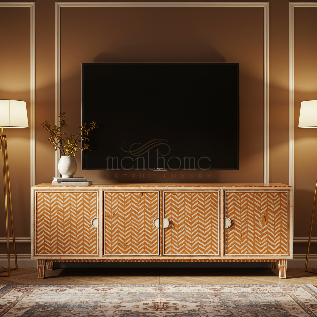 Luxurious Inlay Four-Door TV Cabinet | Luxury Handmade TV Cabinet