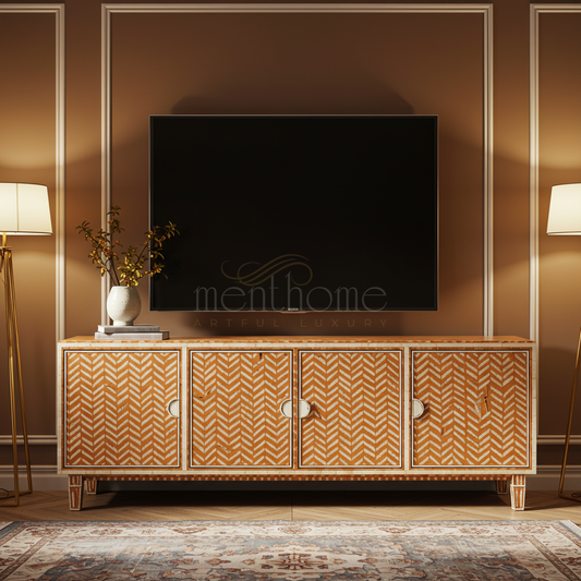 Luxurious Inlay Four-Door TV Cabinet | Luxury Handmade TV Cabinet