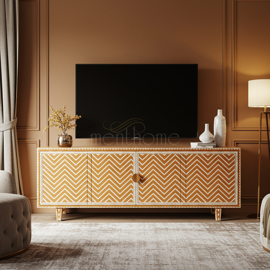 Luxury Inlay Chevron Pattern TV Cabinet | Luxury Handmade TV Cabinet