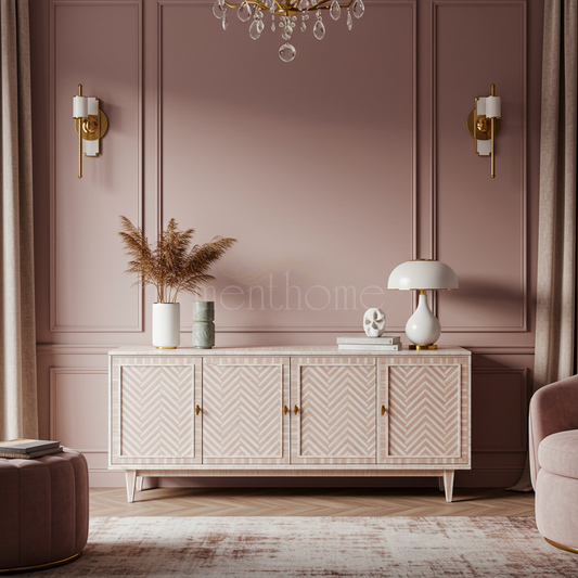 Luxurious Inlay TV Cabinet with Chevron Pattern | Luxury Handmade TV Cabinet