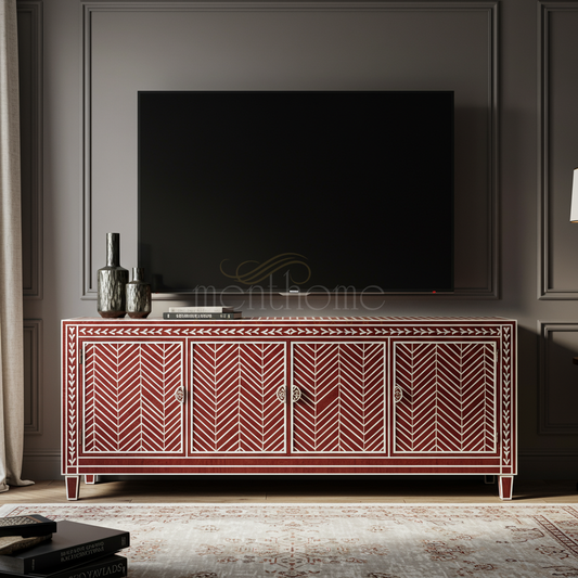 Handcrafted Inlay TV Cabinet with Chevron Pattern | Luxury Handmade TV Cabinet