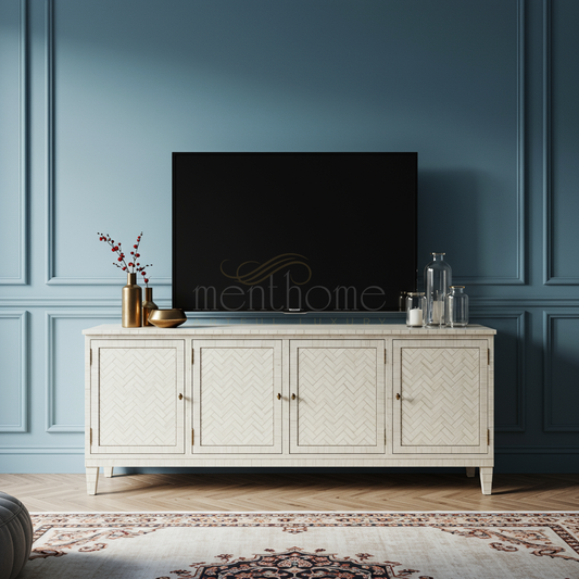 Elegant Inlay Pattern Whitewashed TV Cabinet | Luxury Handmade TV Cabinet