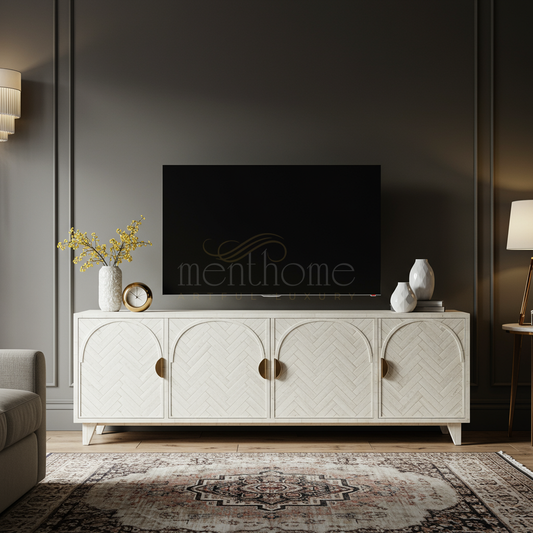 Elegant Inlay TV Cabinet with Arch Design | Luxury Handmade TV Cabinet