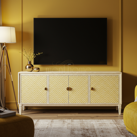 Elegant Inlay TV Cabinet with Chevron Pattern | Luxury Handmade TV Cabinet